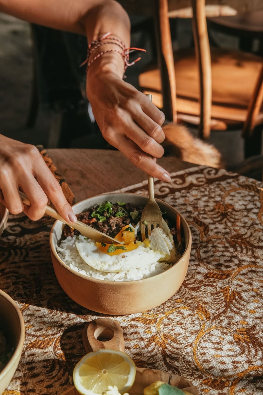 A rice bowl with beef, greens and a fried egg at Lulu's cafe.